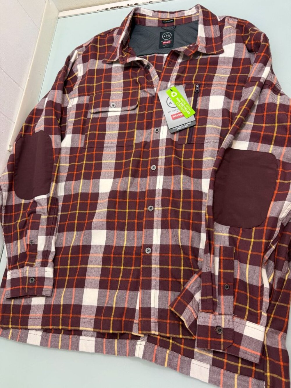 New Wrangler ATG Flannel Shirt Mens XXL 2XL Elbow Patches Burgundy Plaid NWT